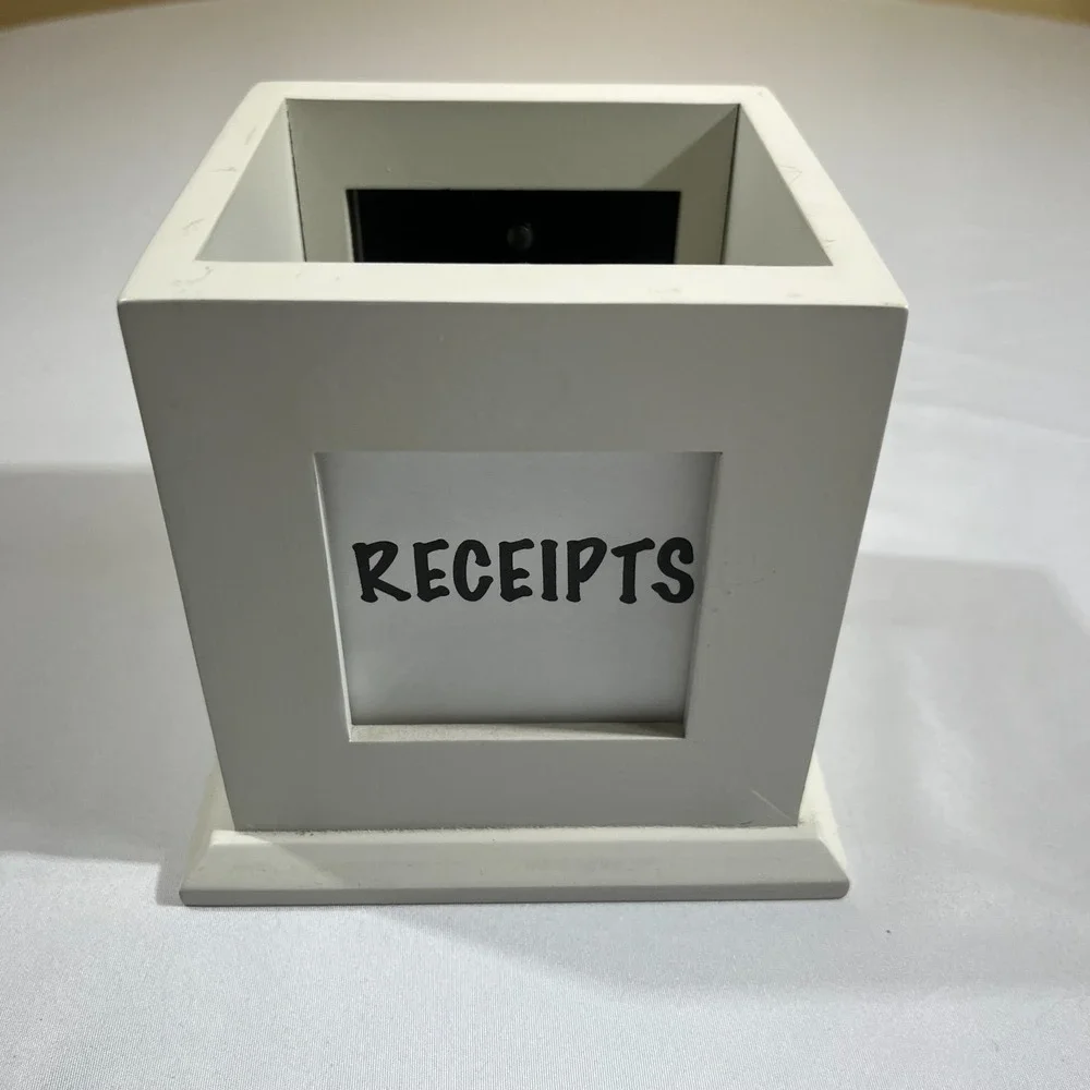 White Wooden Receipt Box Desktop Organizer Square Paper Storage Holder Office
